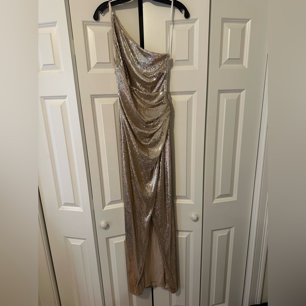 Halston Heritage Gold One-Shoulder Dress
